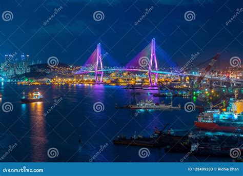 Night View Of Busan Harbor And Bridge In South Korea Stock Image