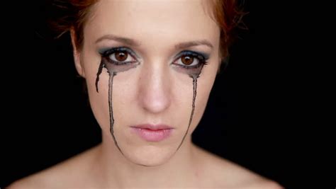 Crying Woman With Mascara Running Under Her Eyes Young Woman Crying On Black Background Stock