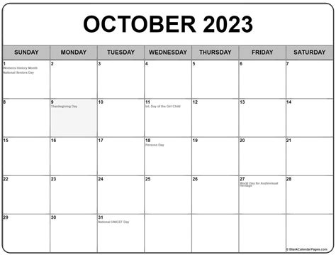 October 2023 With Holidays Calendar