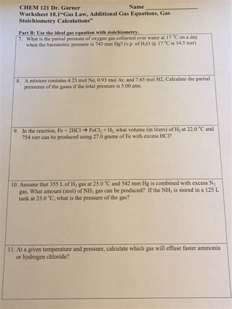 Solved Worksheet 10 1 Gas Law Additional Gas Equations Gas Chegg Com