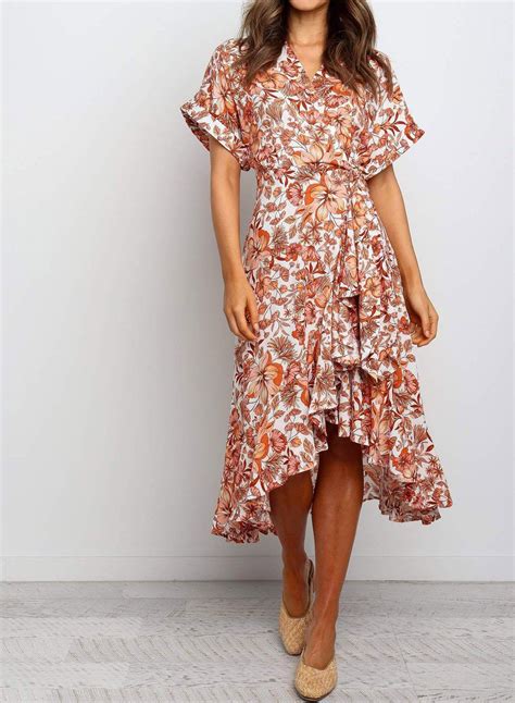Ruffle V Neckline Floral Print Dress Modshes In 2020 Floral Wrap Maxi Dress Print Dress