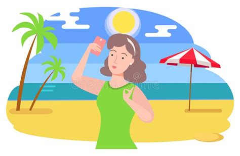 Mujer De Vacaciones Tomando Selfie En Un Smartphone Ilustración Del Vector Ilustración De