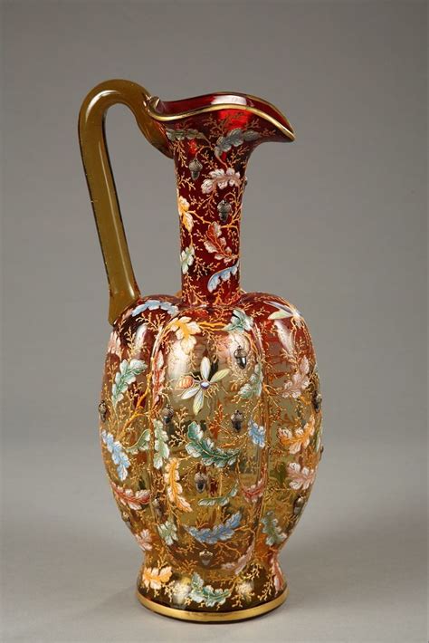 Moser Amber Glass Ewer With Leaves And Insects