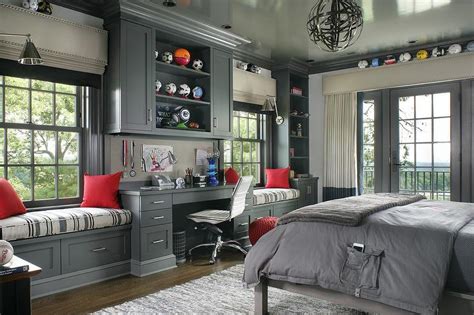 Dark Gray Boy Bedroom With Dual Window Seats Transitional Bedroom