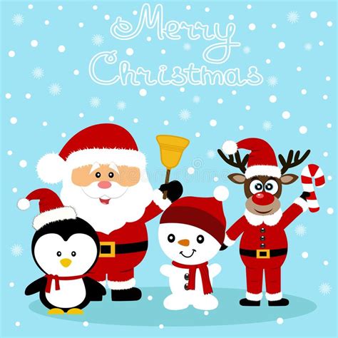 Christmas Card Funny Postcard With Santa Claus Christmas Reindeer Snowman And Penguin Stock