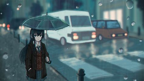 Download 1366x768 Wallpaper Walk Anime Girl Rain