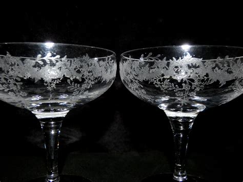 2 Antique French Crystal Champagne Glasses Retro Engraved Champagne Coupes France 1930s