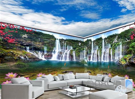 3d Waterfall Lotus Fish Mountain Entire Living Room