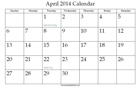 April 2014 Printable Calendar Printable Hub