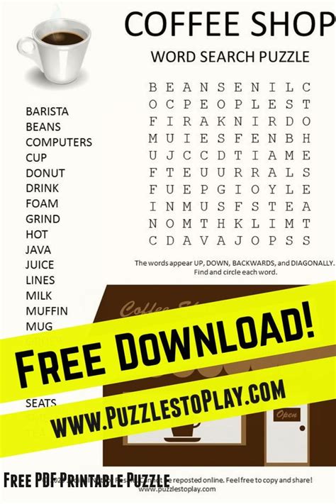 Coffee Shop Word Search Puzzle Puzzles To Play Free Word Search