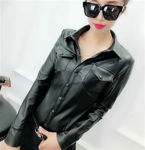 2018 Autumn Long Sleeve Turn Down Collar Pu Leather Shirts Women Fake Leather Tops Lady Long