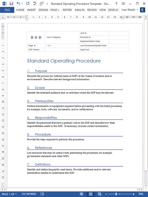 Standard Operating Procedures Templates Ms Wordexcel