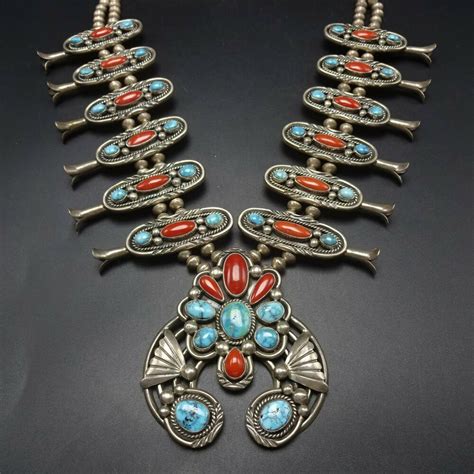 STUNNING Vintage NAVAJO Sterling Silver CORAL TURQUOISE Squash Blossom