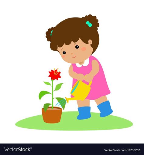 Cute Cartoon Girl Watering Plant Vector Illustration Download A Free Preview Or High Quality