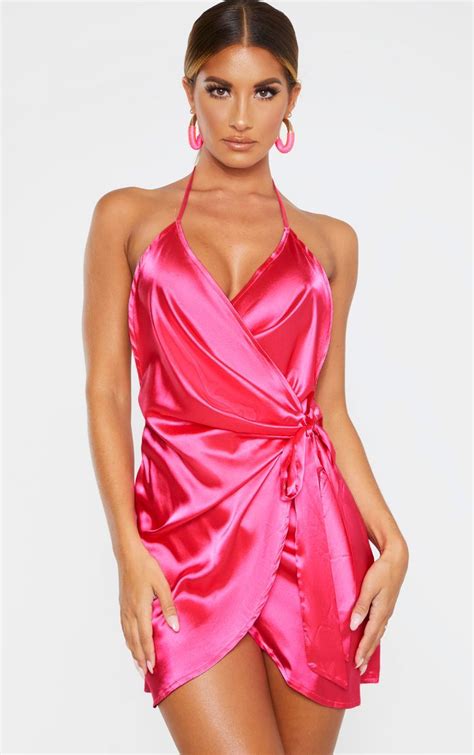 Hot Pink Satin Halterneck Wrap Bodycon Dress Bodycon Dress Sexy