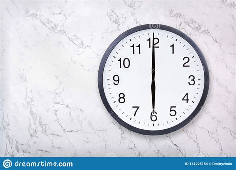 Wall Clock Show Six O`clock On White Marble Texture Office Clock Show