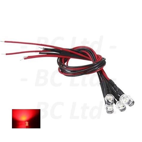 5x 5mm Red Flat Top Pre Wired Led 9v ~ 12v 5 Pieces Bright Components