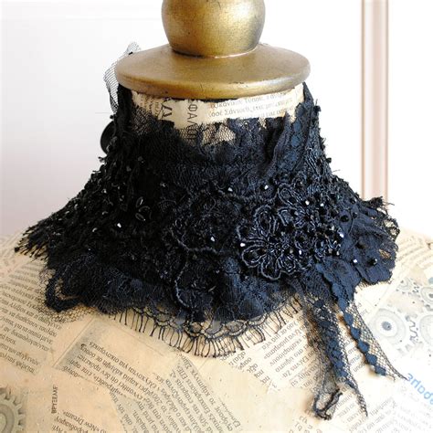 Gothic Victorian Black Lace Collar With Crystals Or The Penny Dreadful