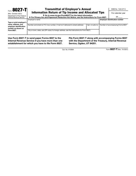 Irs Form 8027 T Download Fillable Pdf Or Fill Online Transmittal Of