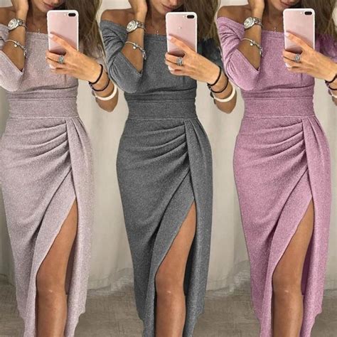 Mode Shop Women Off Shoulder High Slit Bodycon Dress Shiny Long Sleeve
