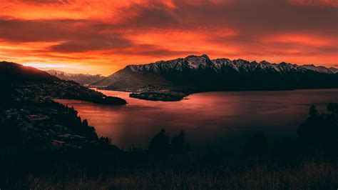 Download Wallpaper 2560x1440 Mountains Sunset Lake Sky Fiery New Zealand Widescreen 169 Hd