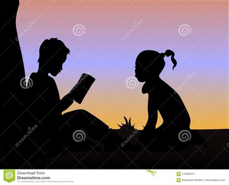 Tree silhouette under full moon. Silhouette Of Boy And Girl Reading Books Under The Tree At ...