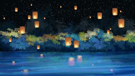 Zhongyuan Festival Festival Night View Kongming Lantern Lake Surface