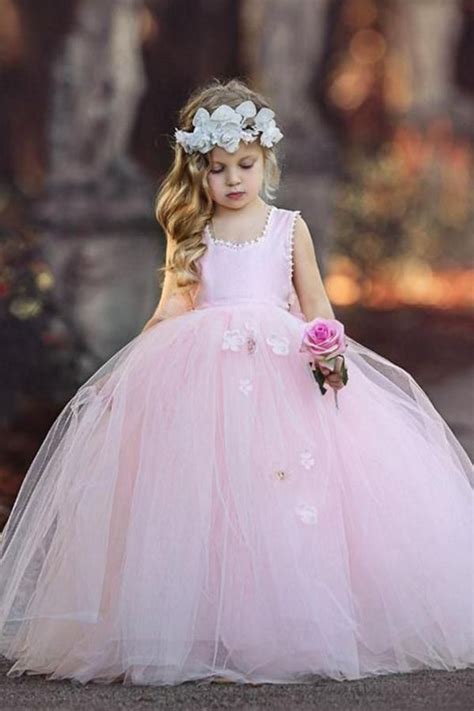 Cute Sleeveless Light Pink Princess Ball Gown Tulle Flower Girl Dresses