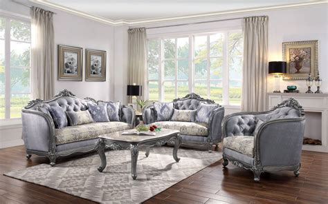 French Antique Style Formal Living Room Sofa Set Light Blue Platinum Finish
