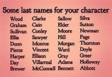 Text: Some Last Names for Characters.Sallow, Elder, Moore, Hill, Morgan ...