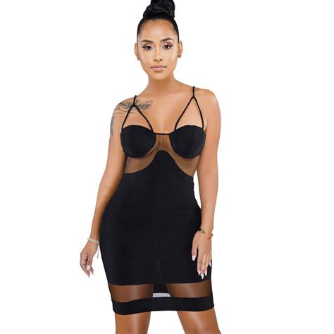 Sexy Sheer Mesh Patchwork Club Dresses Women Spaghetti Strap Hollow Out
