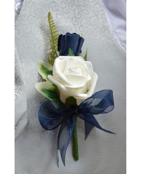 grooms double rose buttonhole navy blue and ivory or white rose corsage navy wedding flowers