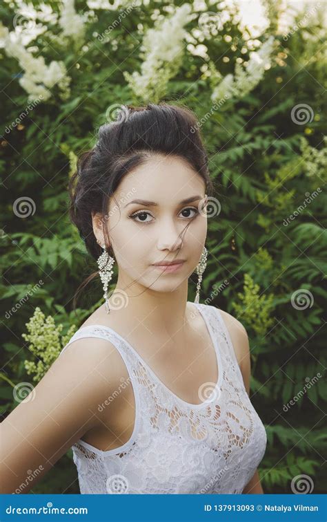 Portrait Of A Beautiful Brunette In A White Blouse Stock Image Image