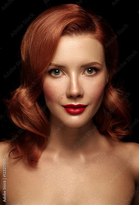 Portrait Of Young Sexual Redhead Naked Girl With Red Lips And Long