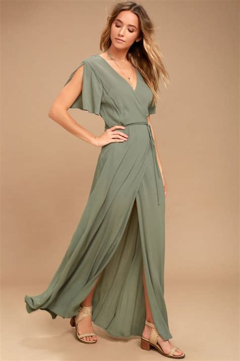 Much Obliged Washed Olive Green Wrap Maxi Dress Sage Green Bridesmaid