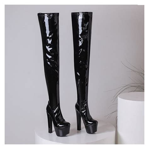 Black Patent Stylish Knee High Boots Big Size Super X Studio