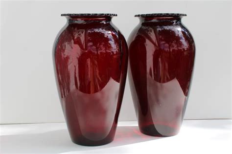 Vintage Royal Ruby Red Glass Anchor Hocking Glassware Large Urn Shape Flower Vases