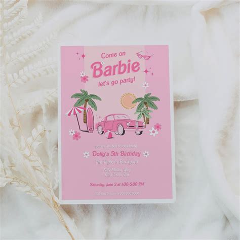 Malibu Barbi Birthday Invitation Template Barbi Doll Retro Pink Car Birthday Invite Girls