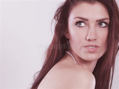Brunette Long Hair Woman Wearing Pearls Necklace Stock Image Image Of