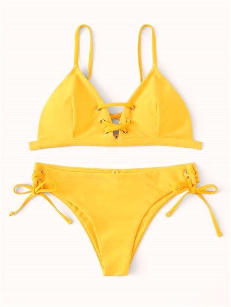 Yellow Crisscross Cami Top Swimsuit With Laced Up Bikini Bottom