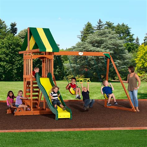 Most backyard swing sets are made of either wood, metal or plastic. Backyard Discovery Prestige Wood Swing Set