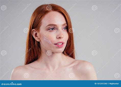 Fashion Portrait Of Redhead Model Nude With Perfect Skin Studio On