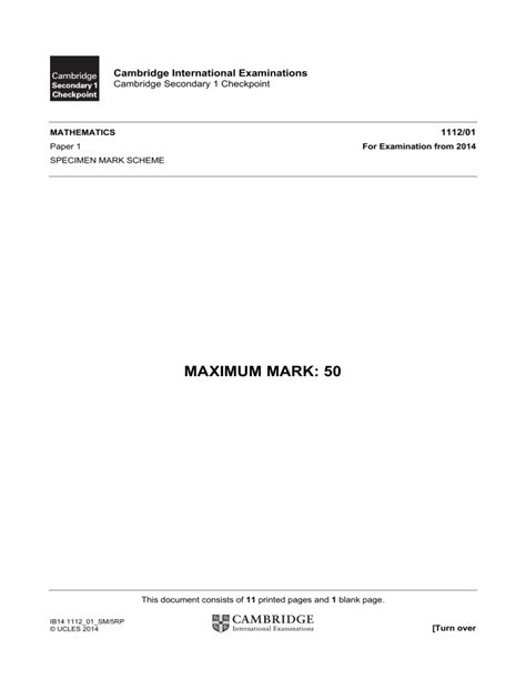 2014 Maths Specimen Paper 1 Mark Scheme