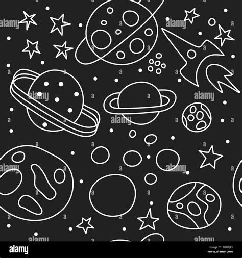 Seamless Space Pattern Stars Planets And Rocket Black And White Line