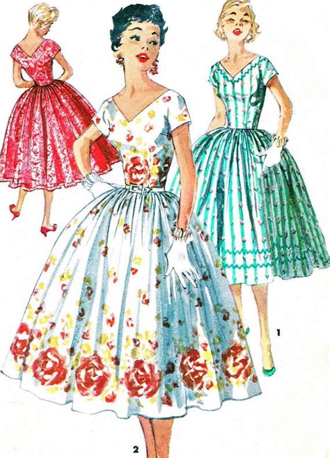 1950s Dress Pattern Simplicity 1159 Full Skirt Evening Dress V Neck And