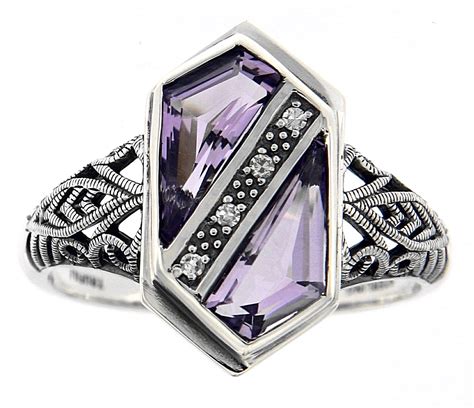 Unique Art Deco Style Amethyst Diamond Filigree Ring Sterling Silver