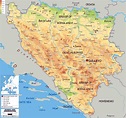 Large physical map of Bosnia and Herzegovina with roads, cities and ...