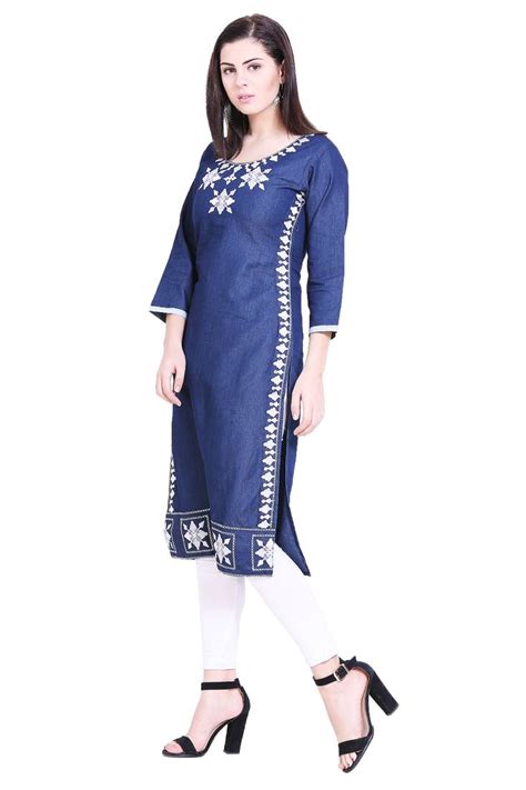 blue embroidered cotton kurtas and kurtis voom 3047171