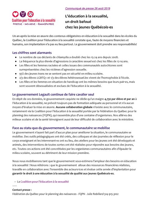 Press Release Léducation à La Sexualité Un Droit Bafoué Chez Les Jeunes Québécois·es
