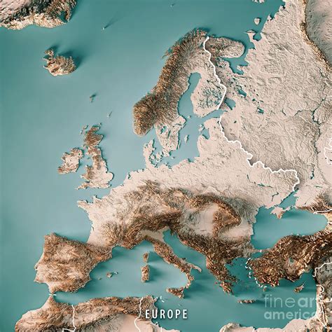 Europe 3d Render Topographic Map Neutral Border Digital Art By Frank
